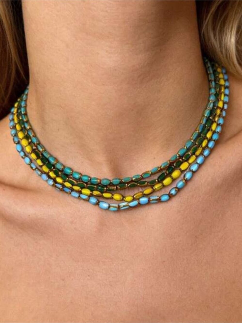 Yellow Beaded Chain Necklace Q1153